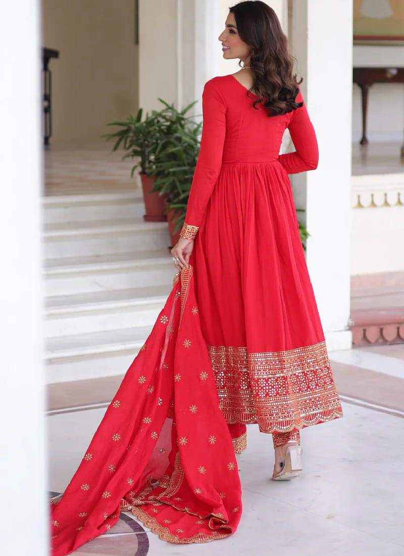 Wedding Special Vichitra Silk Intricate Embroidered Red Anarkali Gown - Image 14