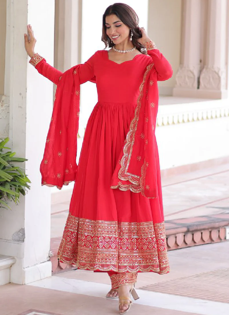 Wedding Special Vichitra Silk Intricate Embroidered Red Anarkali Gown - Image 5