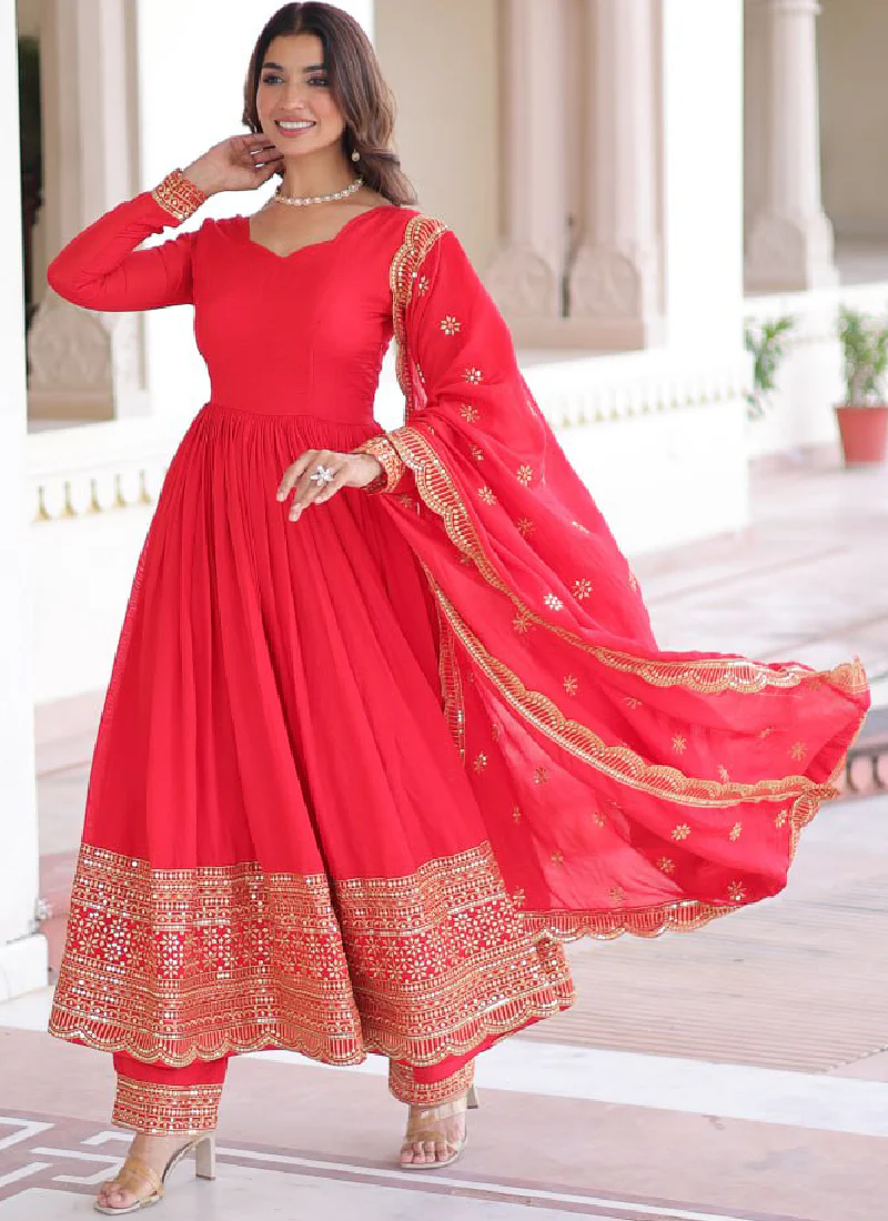 Wedding Special Vichitra Silk Intricate Embroidered Red Anarkali Gown - Image 6
