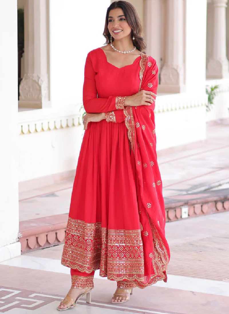 Wedding Special Vichitra Silk Intricate Embroidered Red Anarkali Gown - Image 7