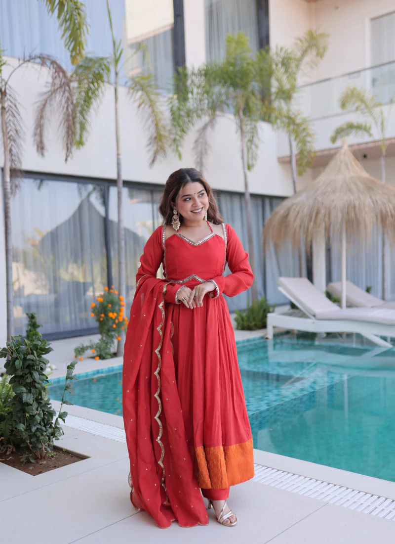 Wedding Wear Chanderi Real Mirror Lace Border Red Anarkali Gown Set - Image 10