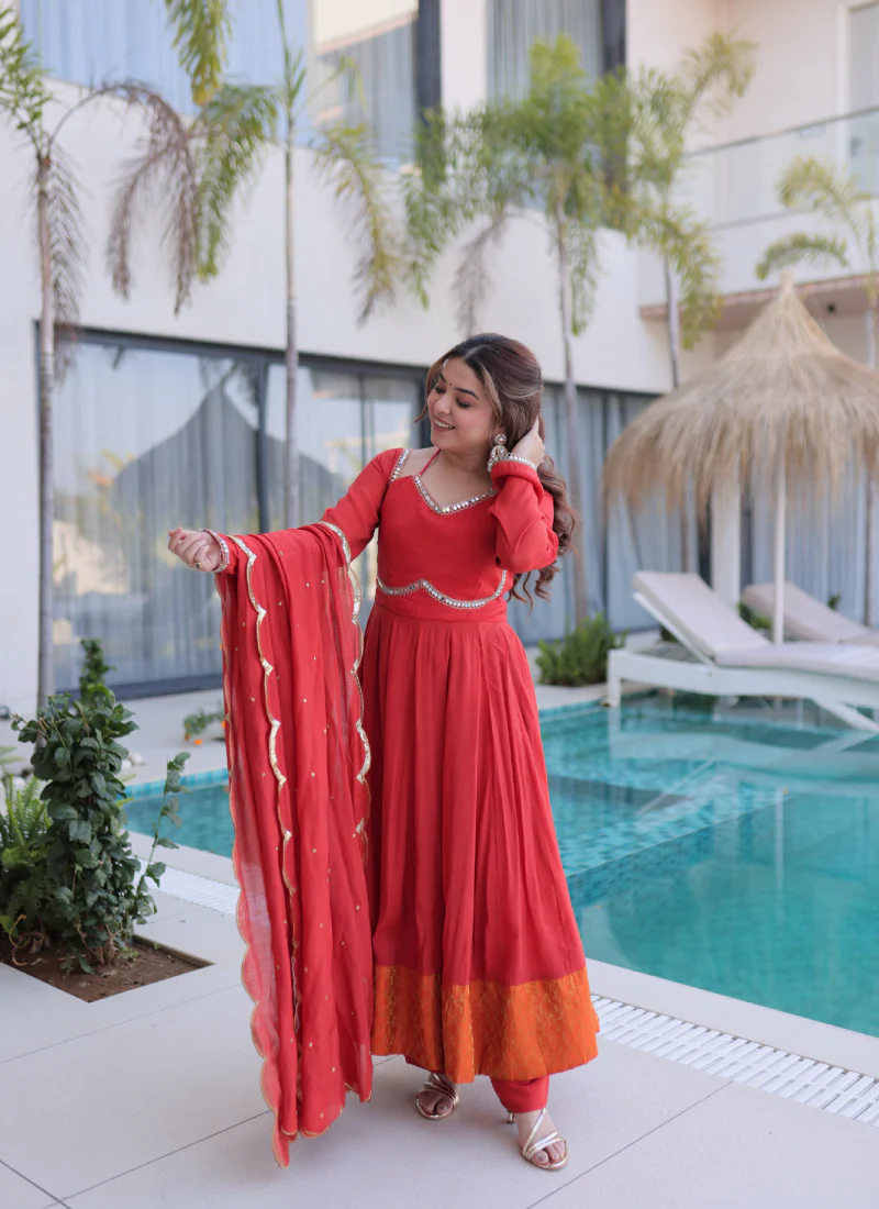 Wedding Wear Chanderi Real Mirror Lace Border Red Anarkali Gown Set - Image 6