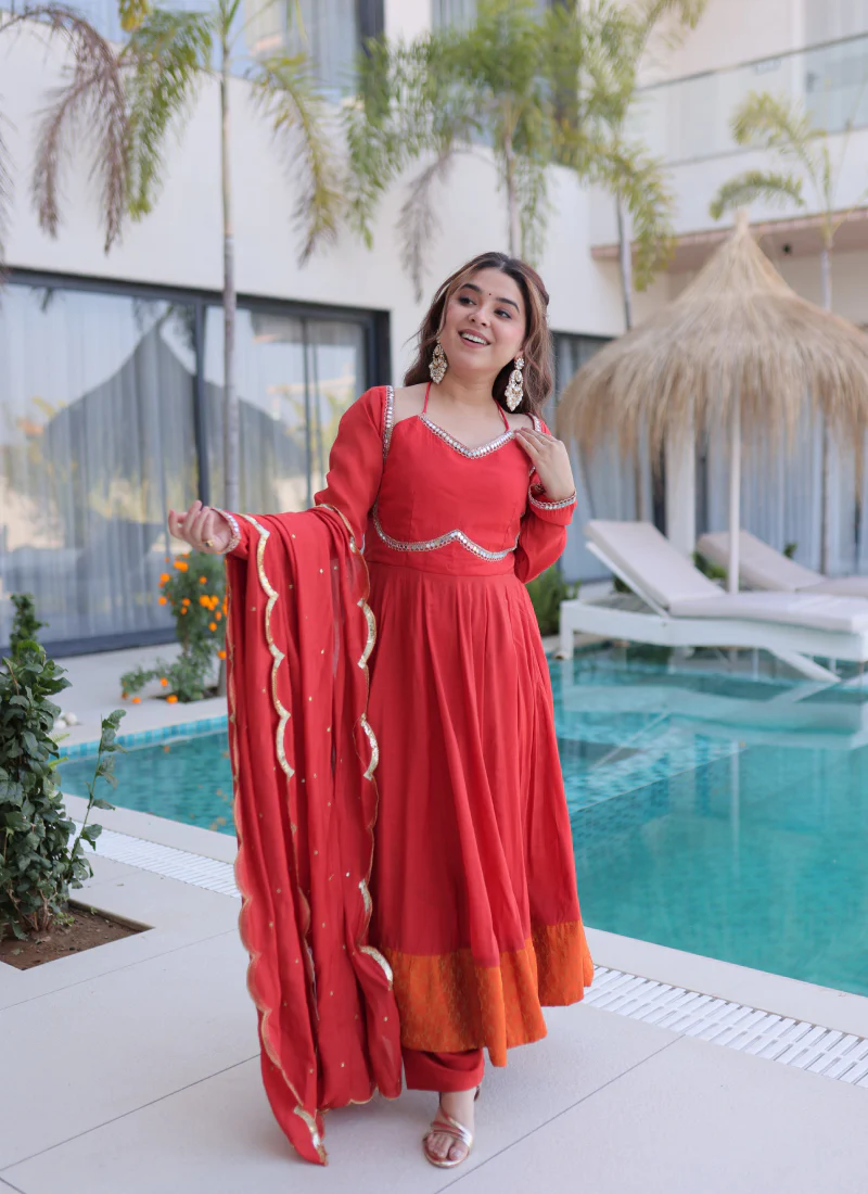 Wedding Wear Chanderi Real Mirror Lace Border Red Anarkali Gown Set - Image 7