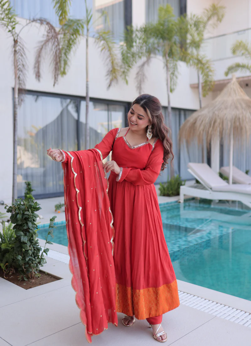 Wedding Wear Chanderi Real Mirror Lace Border Red Anarkali Gown Set - Image 8