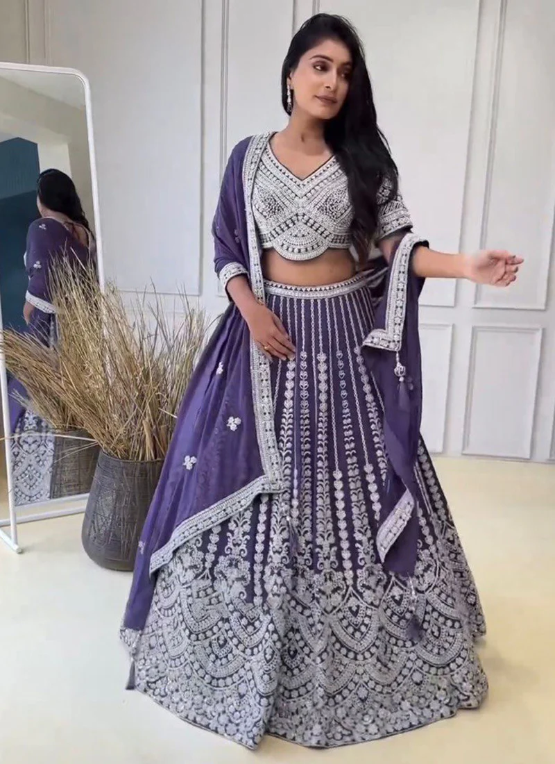 Wedding Wear Coding Dori Embroidered Purple Georgette Lehenga Choli