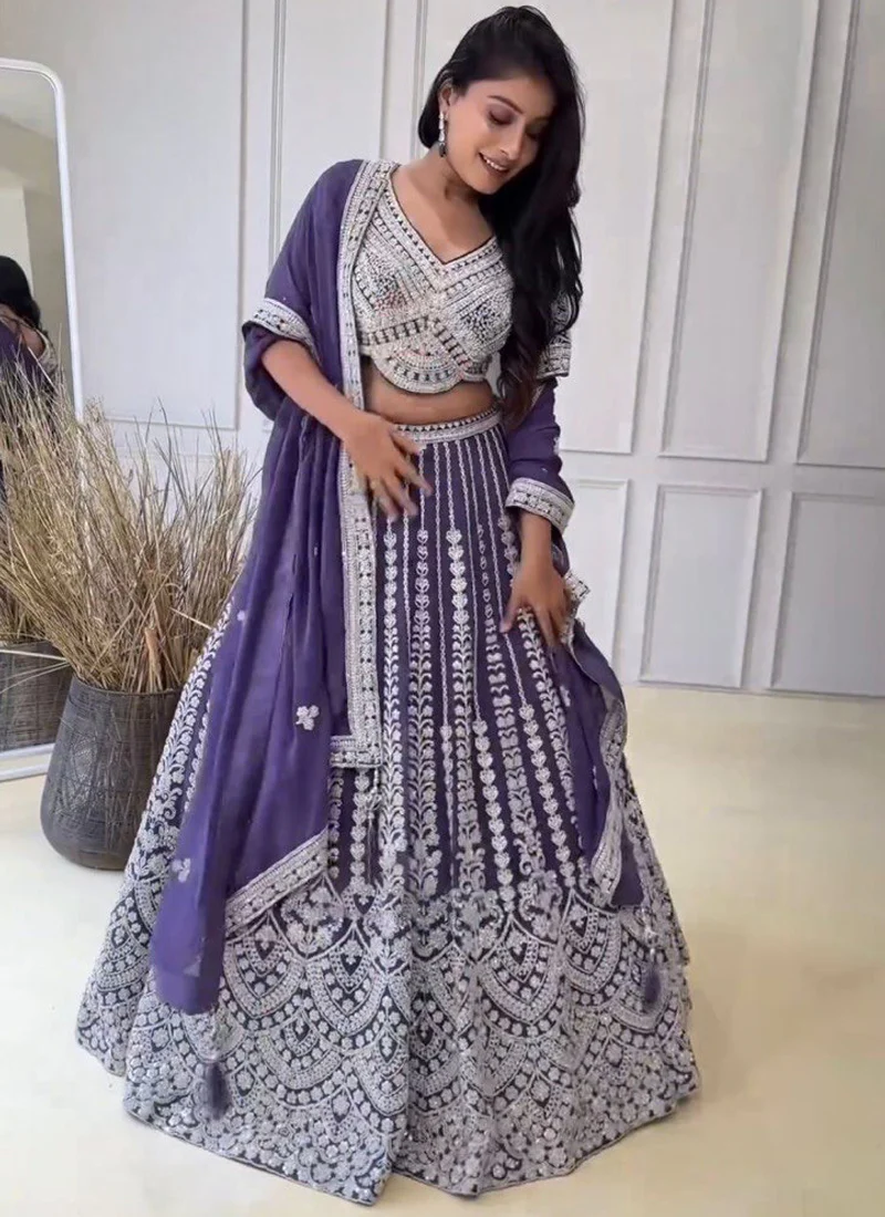 Wedding Wear Coding Dori Embroidered Purple Georgette Lehenga Choli - Image 2