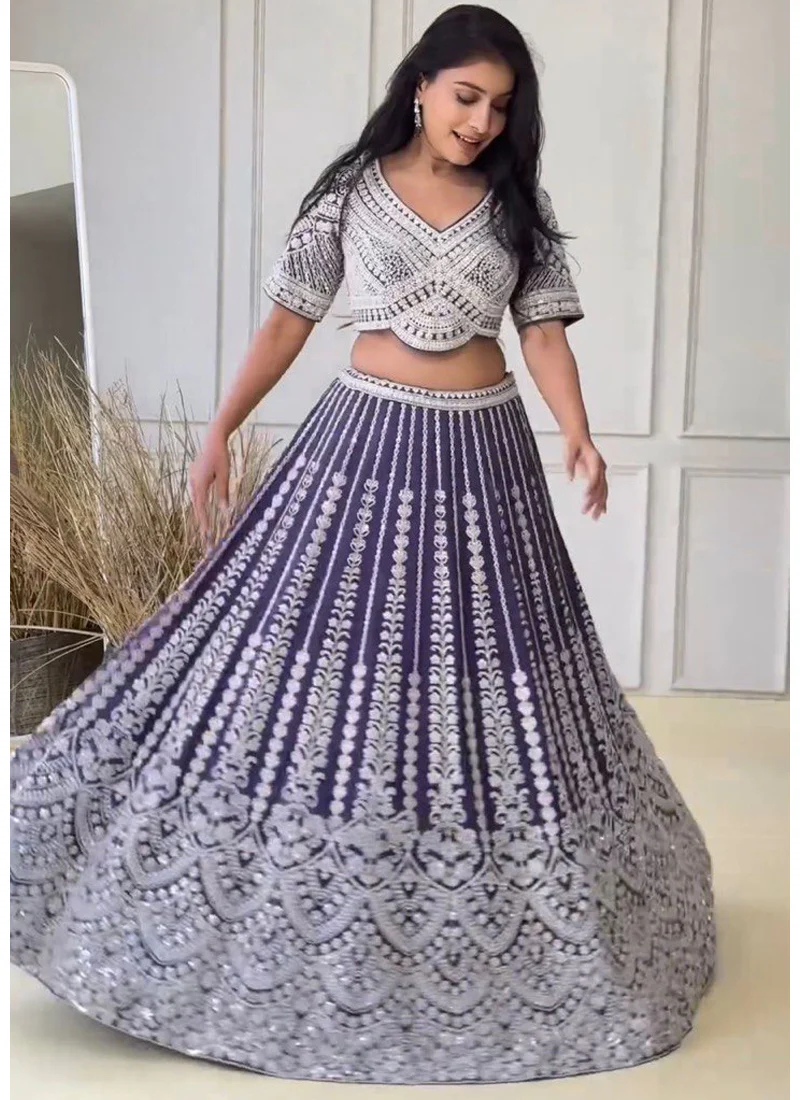 Wedding Wear Coding Dori Embroidered Purple Georgette Lehenga Choli - Image 3