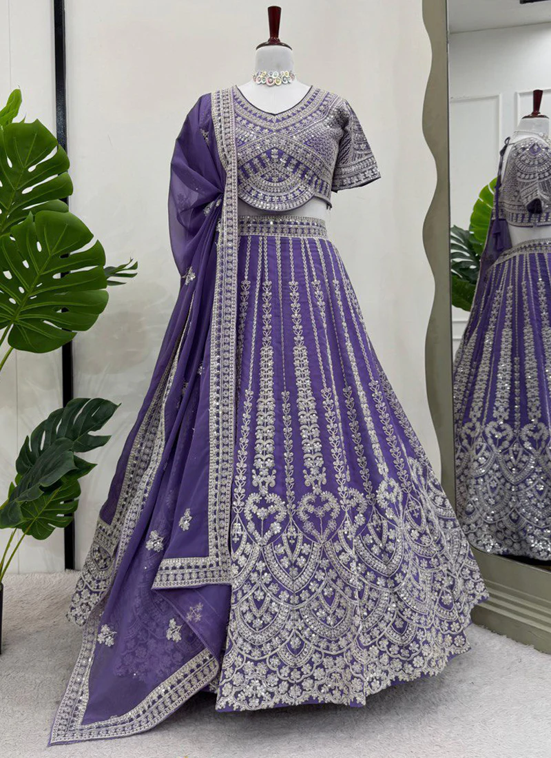 Wedding Wear Coding Dori Embroidered Purple Georgette Lehenga Choli - Image 5