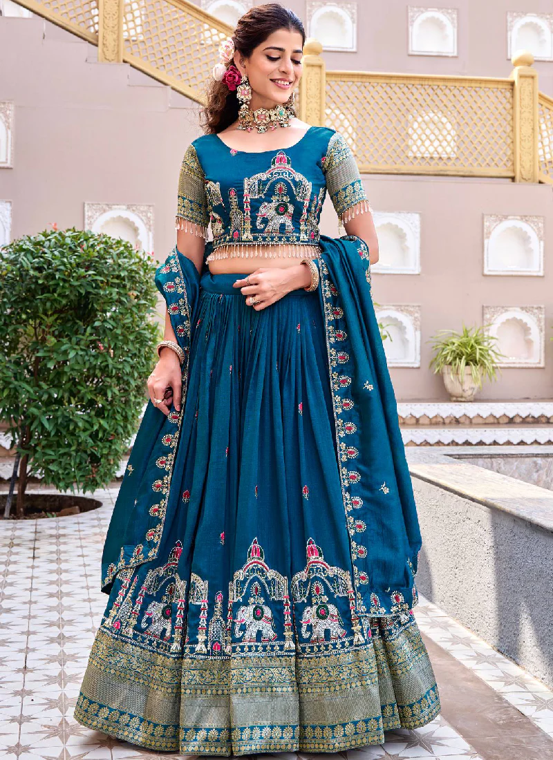 Wedding Wear Zari Embroidered Vichitra Silk Teal Blue Lehenga Choli