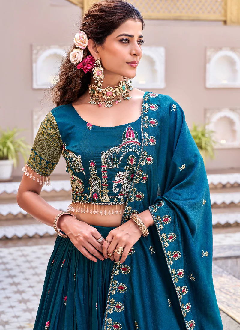 Wedding Wear Zari Embroidered Vichitra Silk Teal Blue Lehenga Choli - Image 2