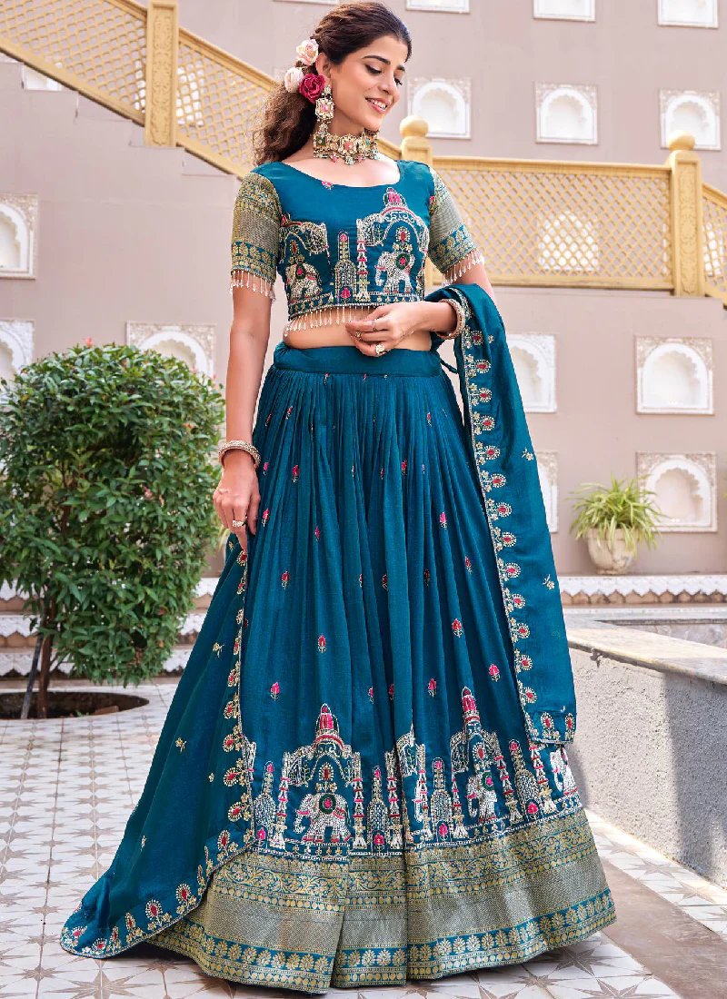 Wedding Wear Zari Embroidered Vichitra Silk Teal Blue Lehenga Choli - Image 4