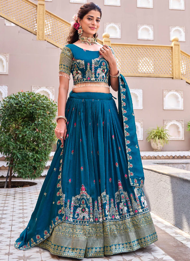 Wedding Wear Zari Embroidered Vichitra Silk Teal Blue Lehenga Choli - Image 5