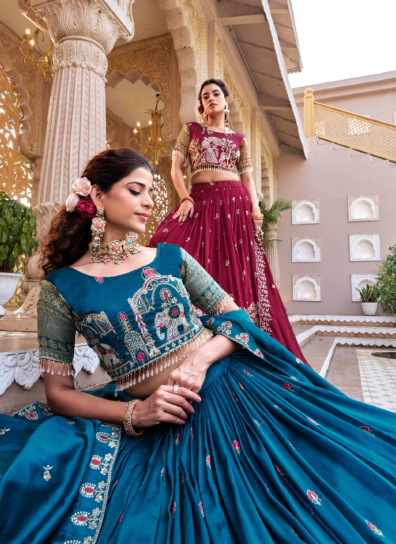 Vichitra Silk Thread Peacock Embroidered Maroon Lehenga Choli Set - Image 6