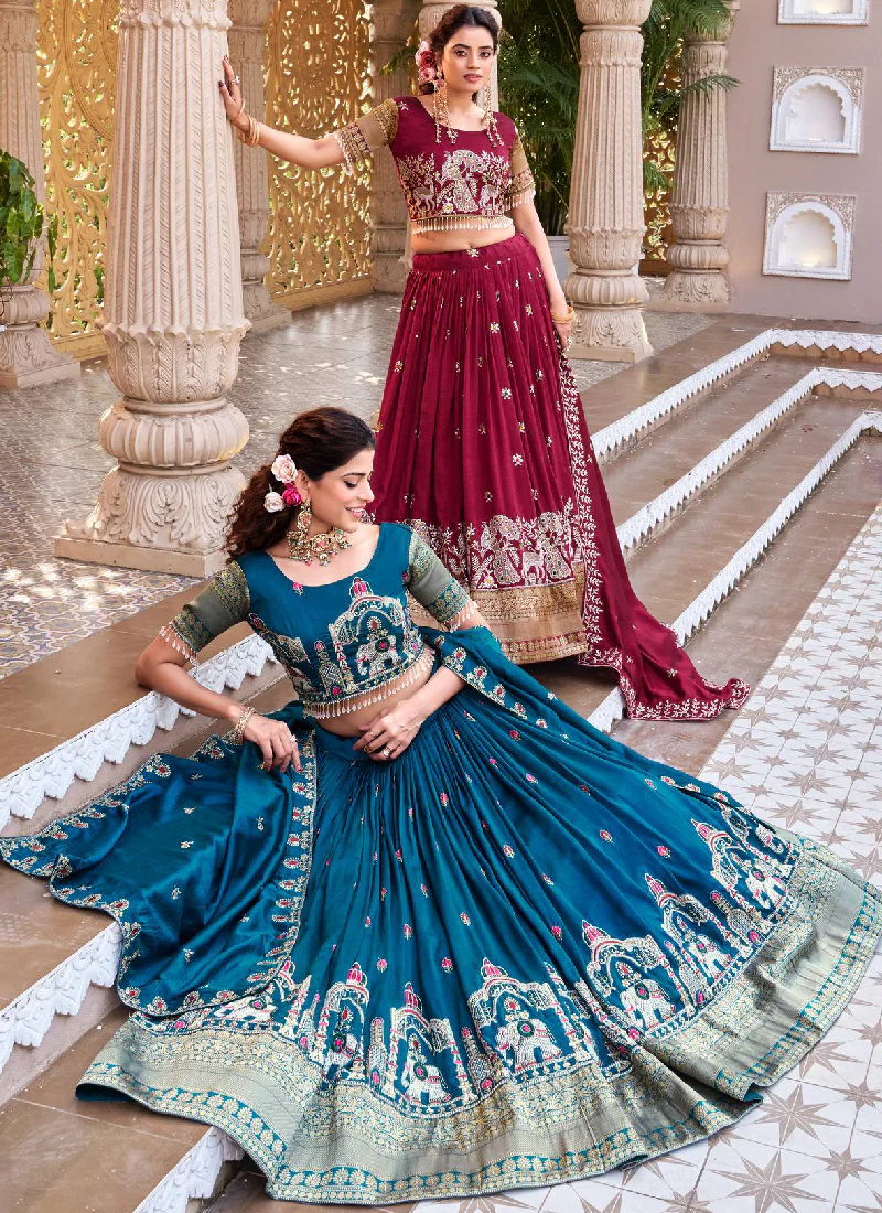 Vichitra Silk Thread Peacock Embroidered Maroon Lehenga Choli Set - Image 7