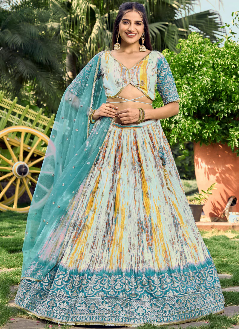 White And Sky Blue Chinon Silk Shibori Printed Sequence Work Lehenga - Image 2