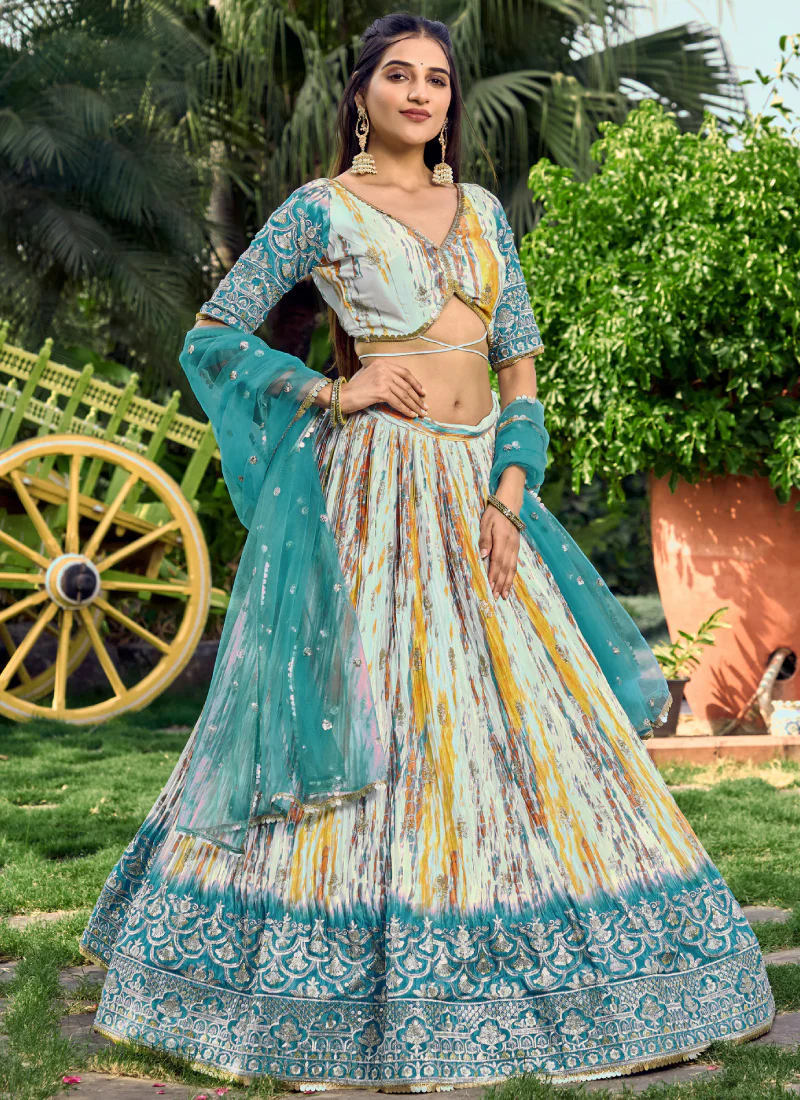 White And Sky Blue Chinon Silk Shibori Printed Sequence Work Lehenga - Image 4