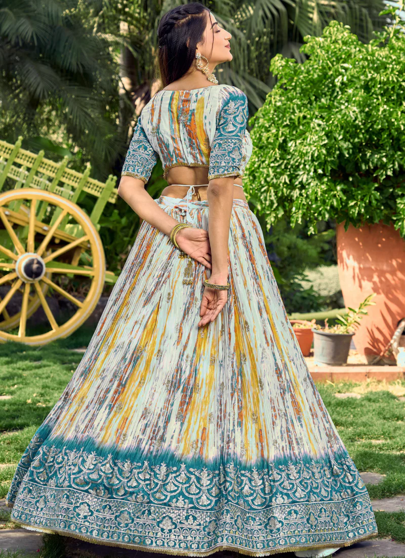 White And Sky Blue Chinon Silk Shibori Printed Sequence Work Lehenga - Image 6