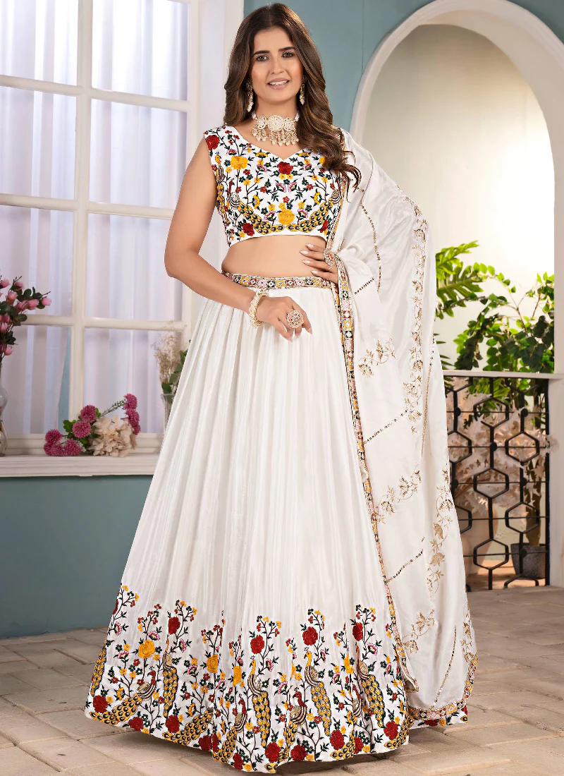 White Chinon Silk Floral Embroidered Lehenga Choli With Dupatta