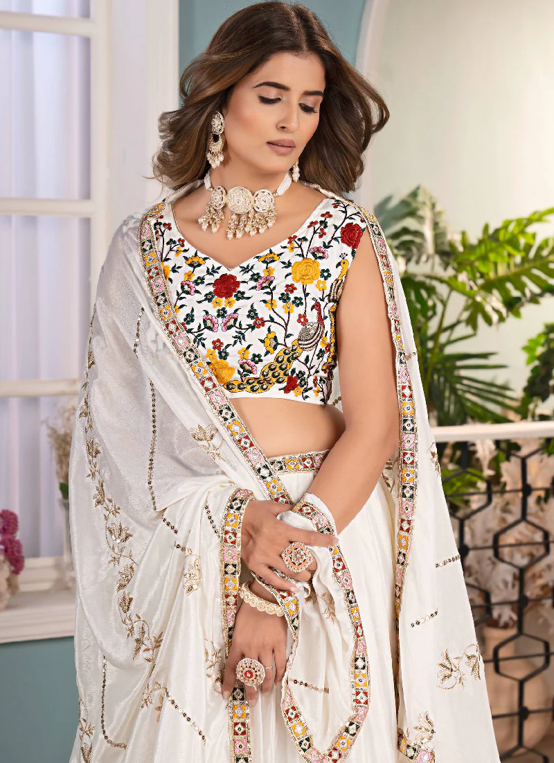 White Chinon Silk Floral Embroidered Lehenga Choli With Dupatta - Image 3