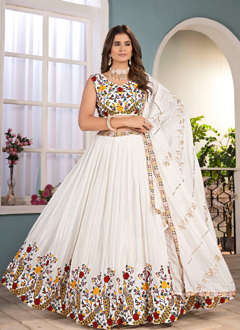 White Chinon Silk Floral Embroidered Lehenga Choli With Dupatta - Image 5