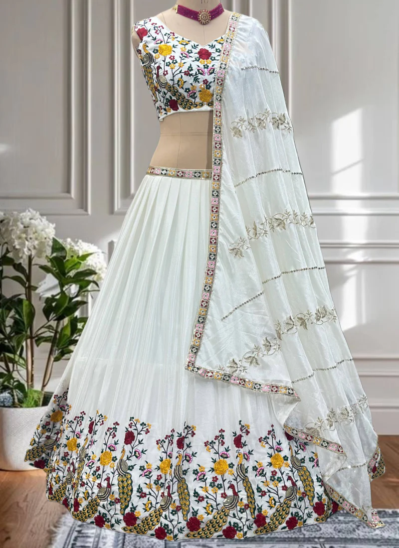 White Chinon Silk Floral Embroidered Lehenga Choli With Dupatta - Image 6