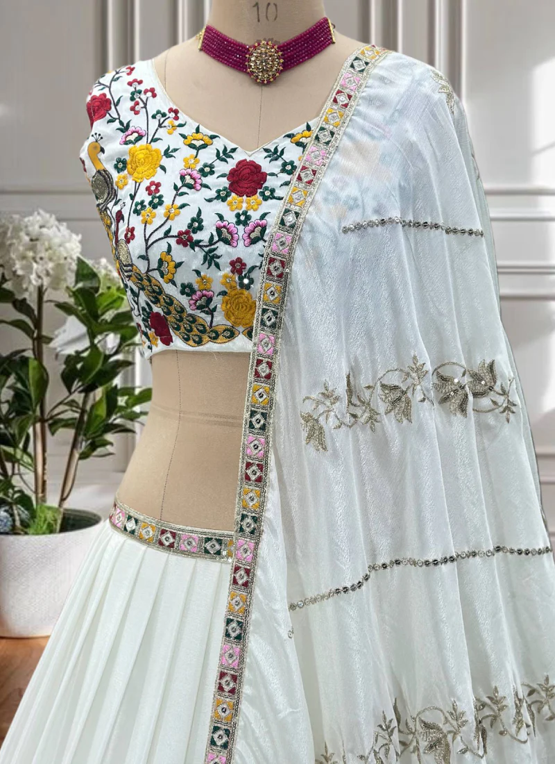 White Chinon Silk Floral Embroidered Lehenga Choli With Dupatta - Image 7
