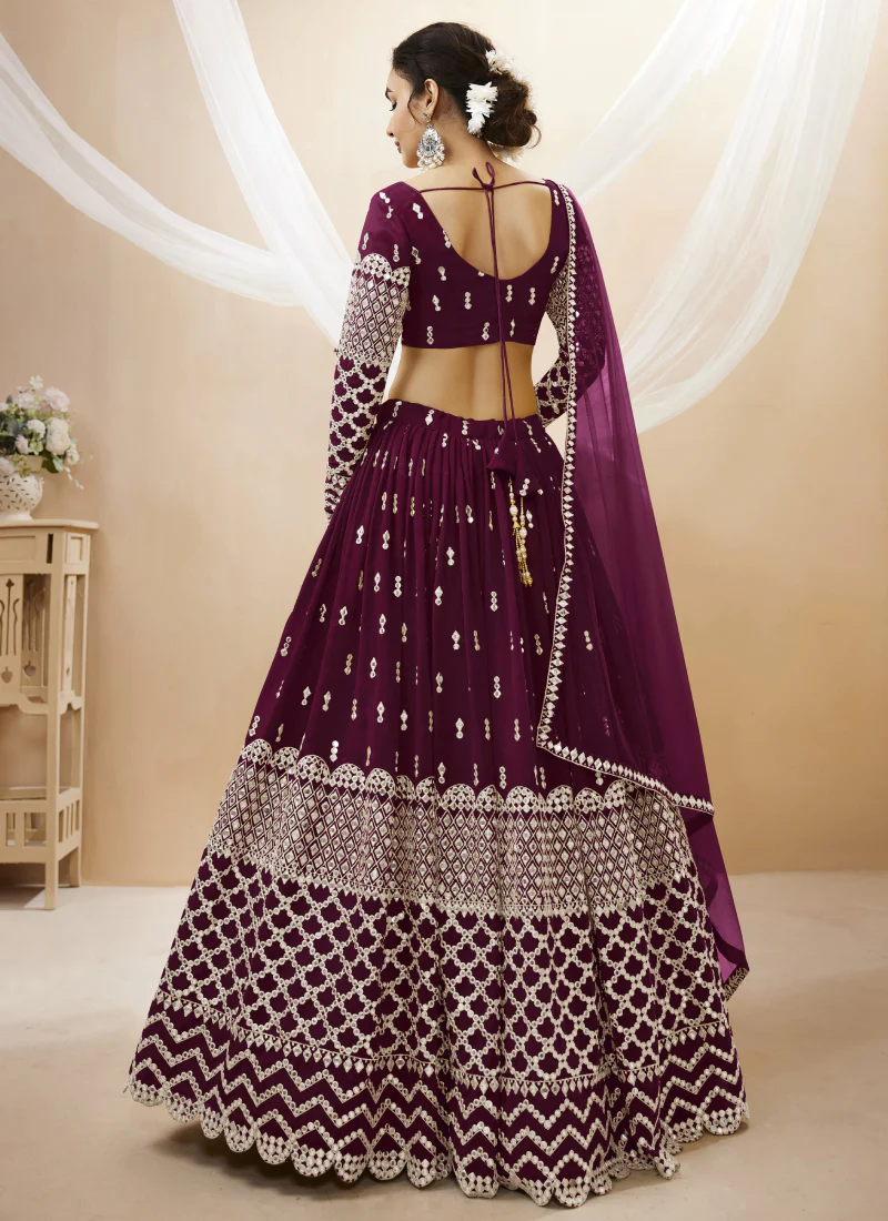 Wine Zari Embroidered Georgette Lehenga Choli For Sangeet - Image 3