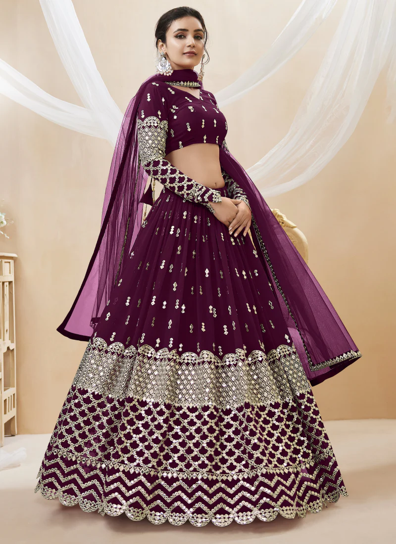 Wine Zari Embroidered Georgette Lehenga Choli For Sangeet - Image 4