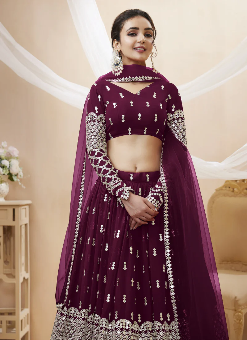 Wine Zari Embroidered Georgette Lehenga Choli For Sangeet - Image 5