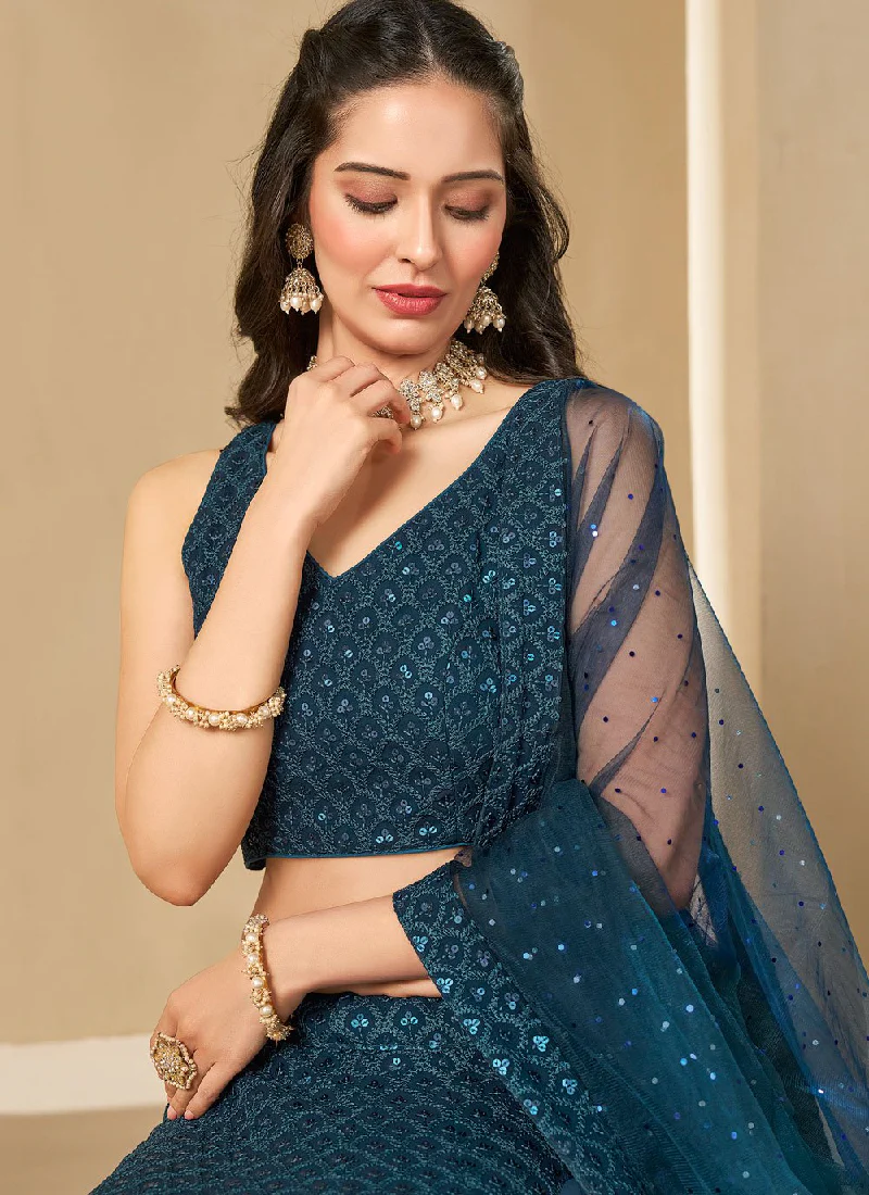 Wonderful Georgette Sequence Work Teal Blue Lehenga Choli For Women - Image 2