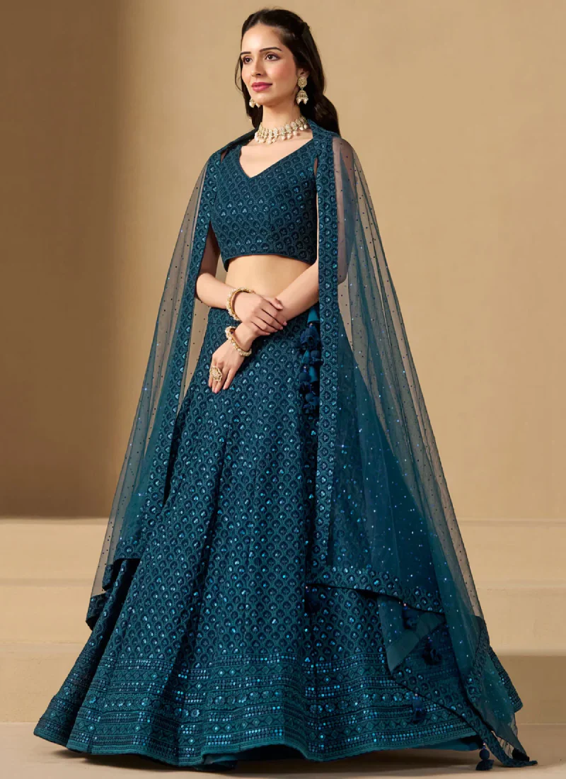 Wonderful Georgette Sequence Work Teal Blue Lehenga Choli For Women - Image 3