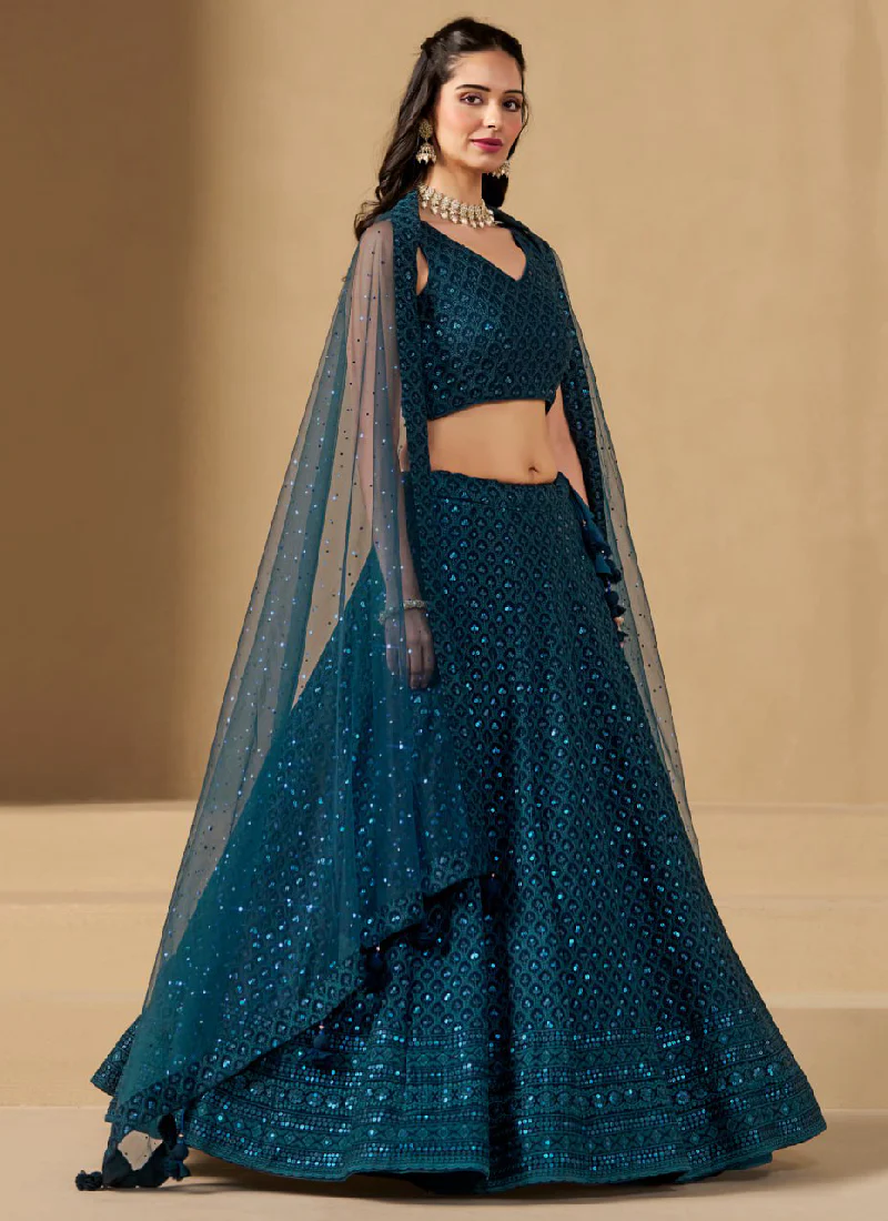 Wonderful Georgette Sequence Work Teal Blue Lehenga Choli For Women - Image 4
