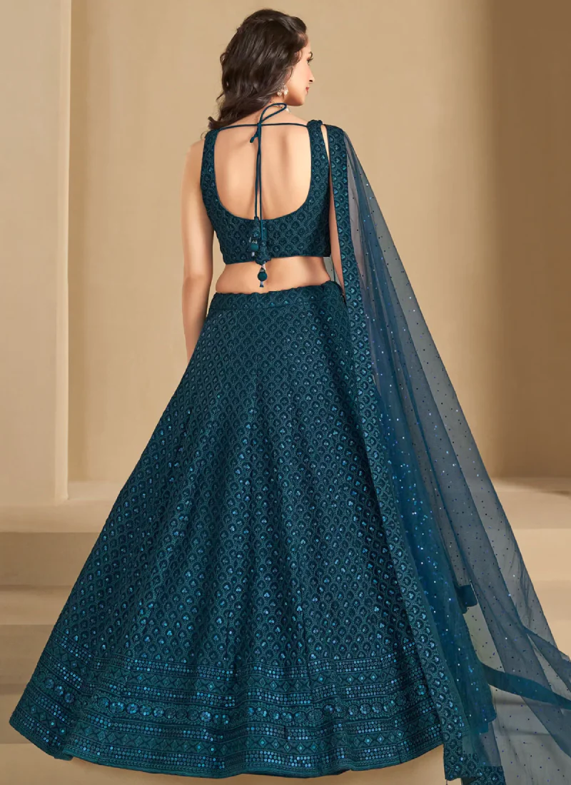 Wonderful Georgette Sequence Work Teal Blue Lehenga Choli For Women - Image 6