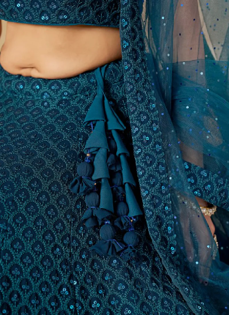Wonderful Georgette Sequence Work Teal Blue Lehenga Choli For Women - Image 7