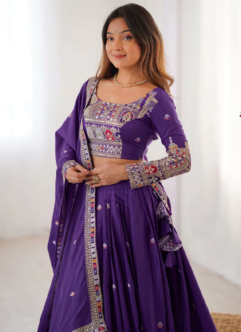 Wonderful Purple Thread Embroidery Work Silk Lehenga Choli For Women - Image 2