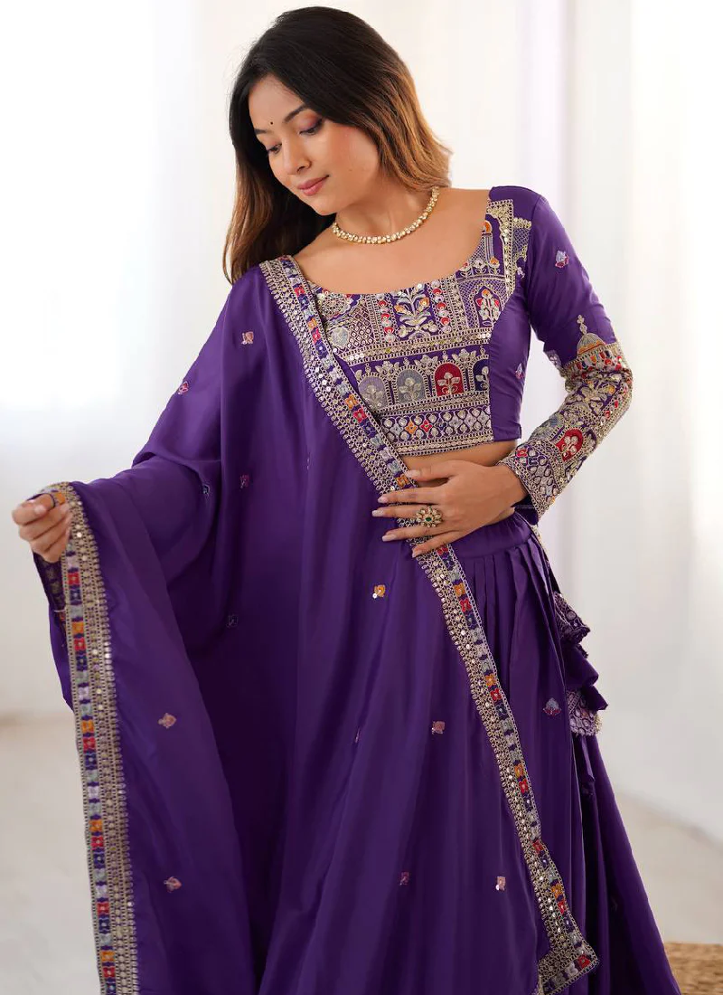 Wonderful Purple Thread Embroidery Work Silk Lehenga Choli For Women - Image 3