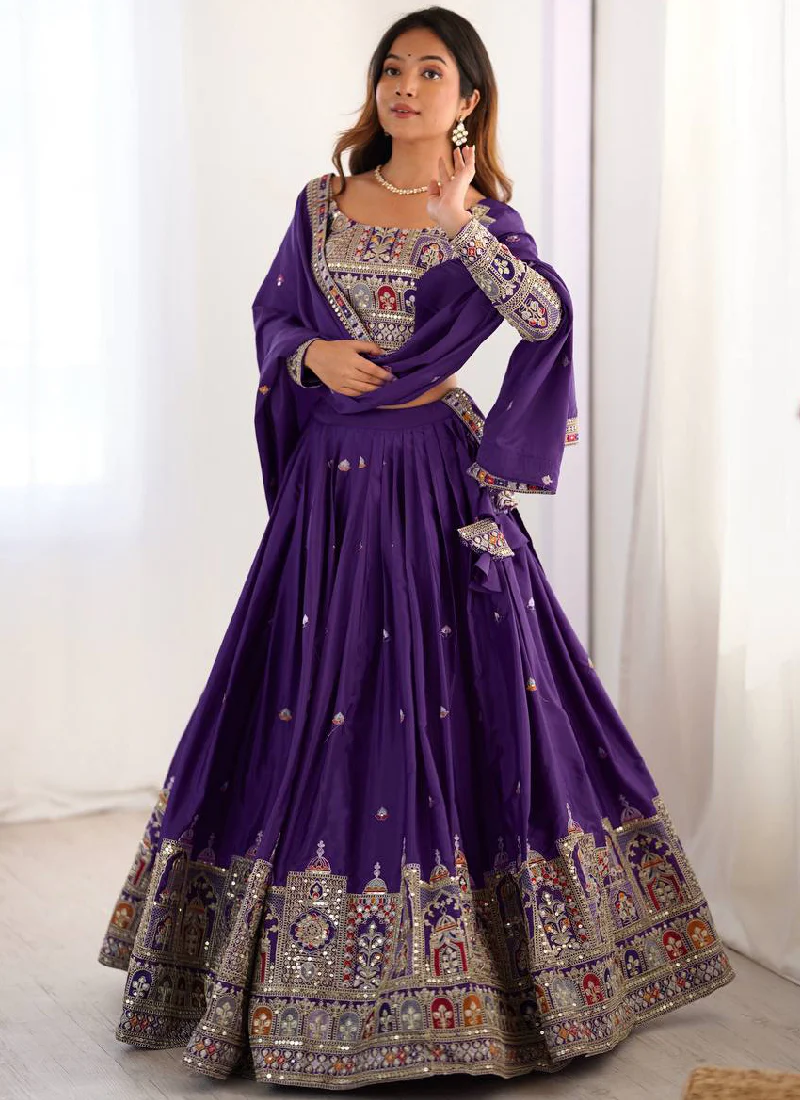 Wonderful Purple Thread Embroidery Work Silk Lehenga Choli For Women - Image 5