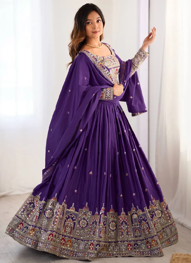 Wonderful Purple Thread Embroidery Work Silk Lehenga Choli For Women - Image 6