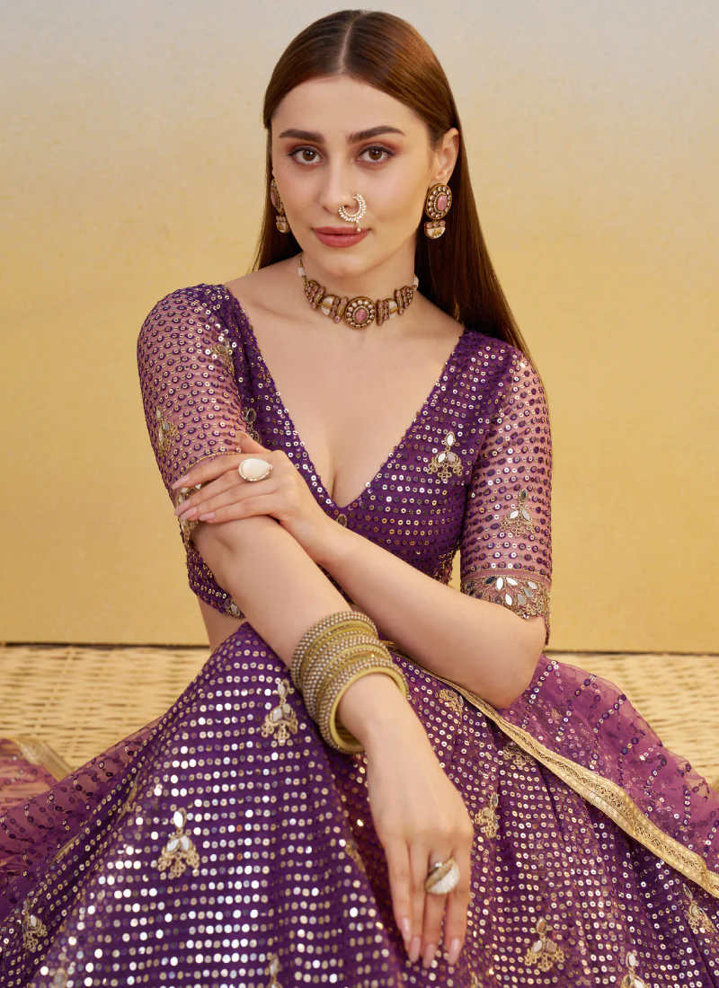 Wonderful Zari Sequence Embroidery Work Dark Purple Net Lehenga Choli - Image 2