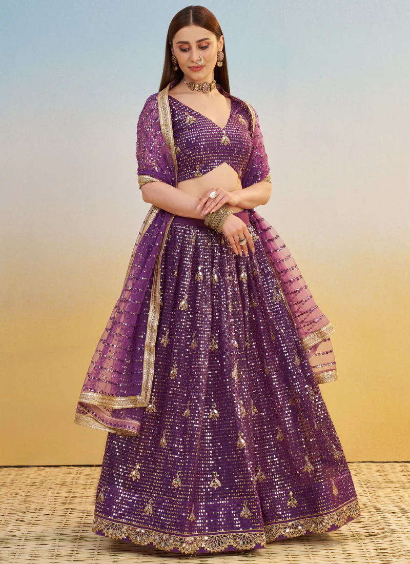 Wonderful Zari Sequence Embroidery Work Dark Purple Net Lehenga Choli - Image 3