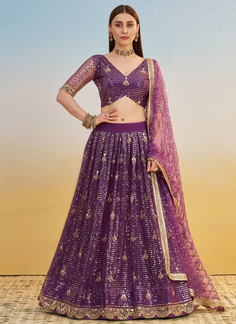 Wonderful Zari Sequence Embroidery Work Dark Purple Net Lehenga Choli - Image 4