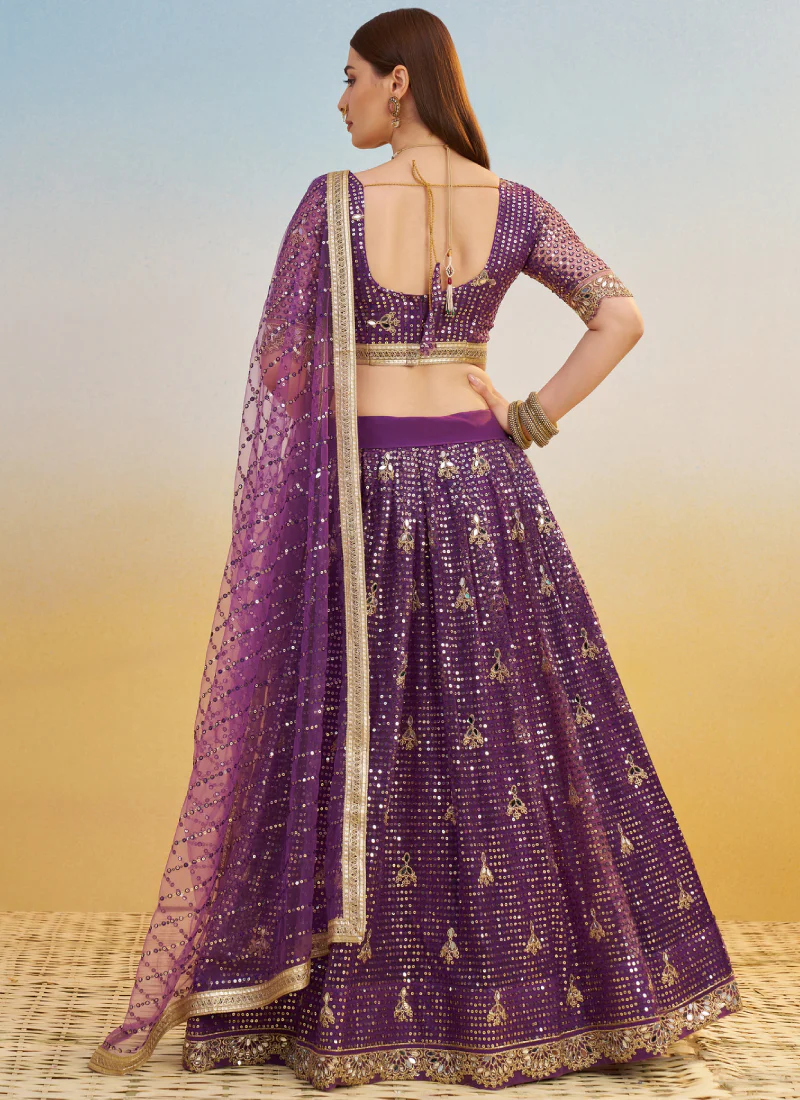 Wonderful Zari Sequence Embroidery Work Dark Purple Net Lehenga Choli - Image 6