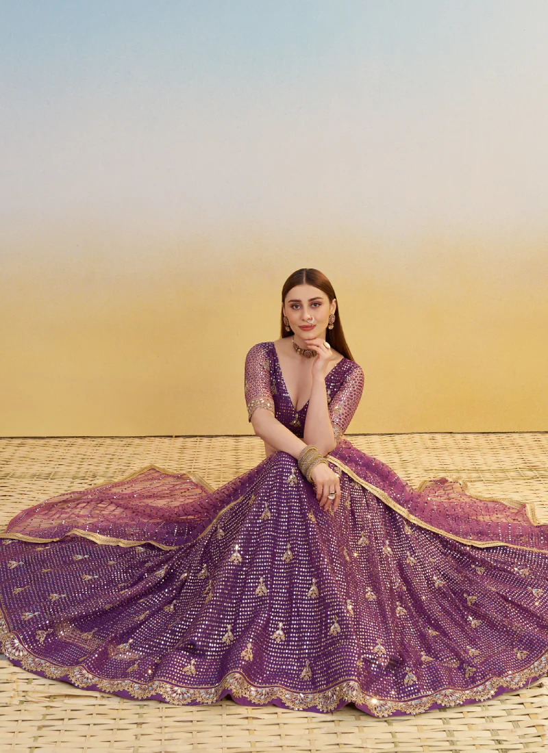 Wonderful Zari Sequence Embroidery Work Dark Purple Net Lehenga Choli - Image 7