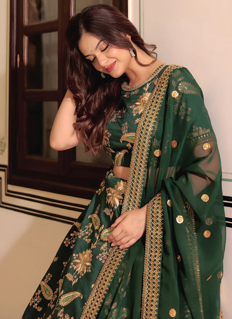 Zari Embroidered Art Silk Bottle Green Mehndi Wear Lehenga Choli Set - Image 3