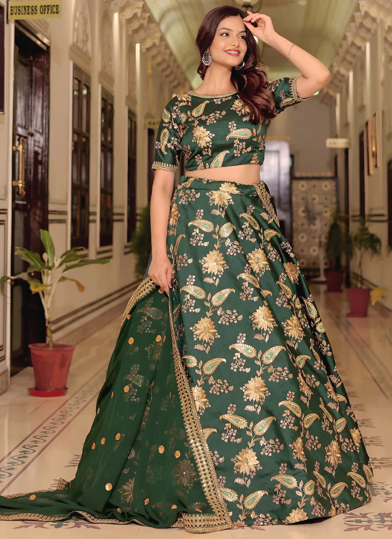 Zari Embroidered Art Silk Bottle Green Mehndi Wear Lehenga Choli Set - Image 4