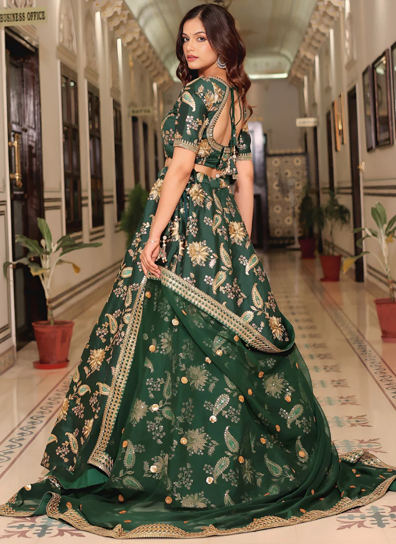 Zari Embroidered Art Silk Bottle Green Mehndi Wear Lehenga Choli Set - Image 5