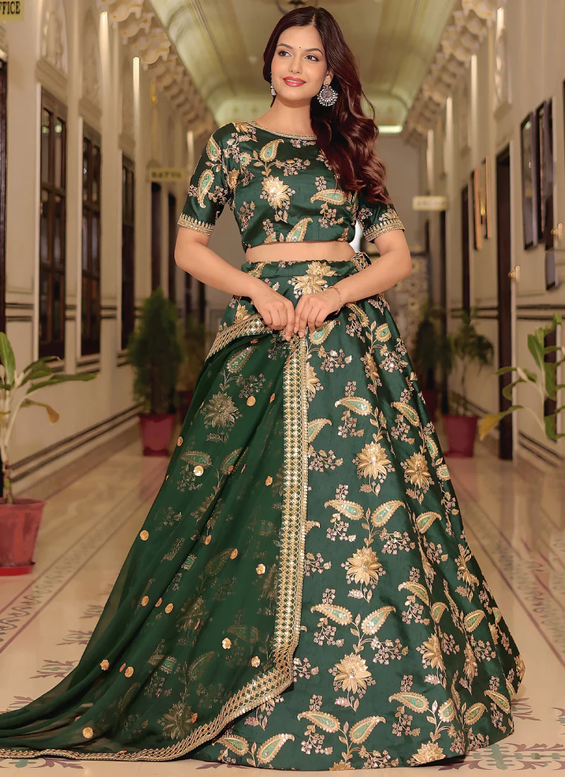 Zari Embroidered Art Silk Bottle Green Mehndi Wear Lehenga Choli Set - Image 6
