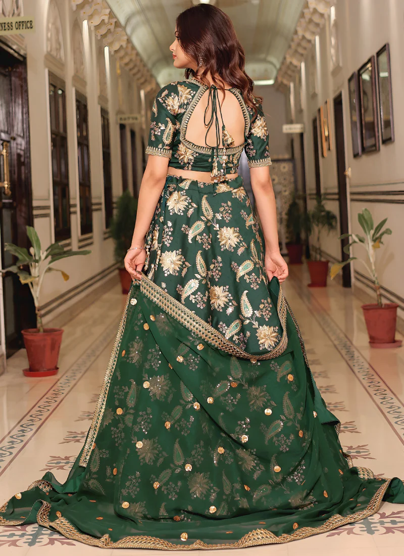 Zari Embroidered Art Silk Bottle Green Mehndi Wear Lehenga Choli Set - Image 7