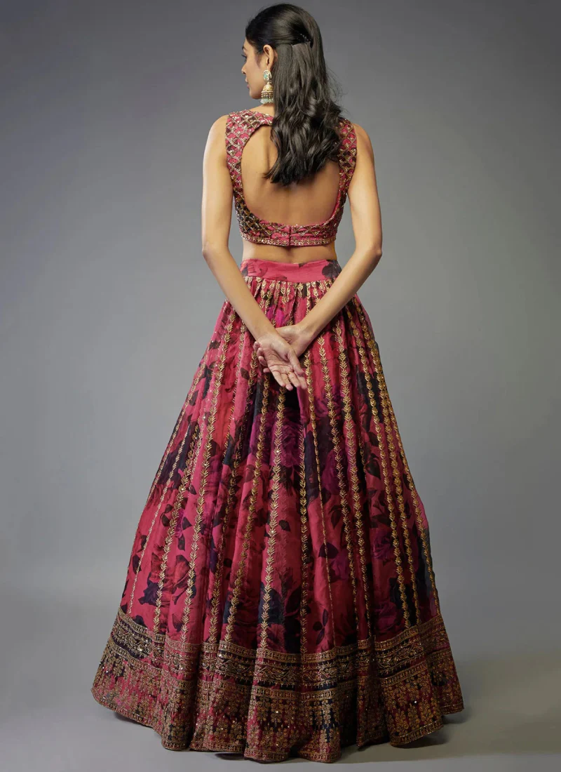 Zari Embroidered Floral Printed Pink Organza Lehenga Choli For Wedding - Image 3