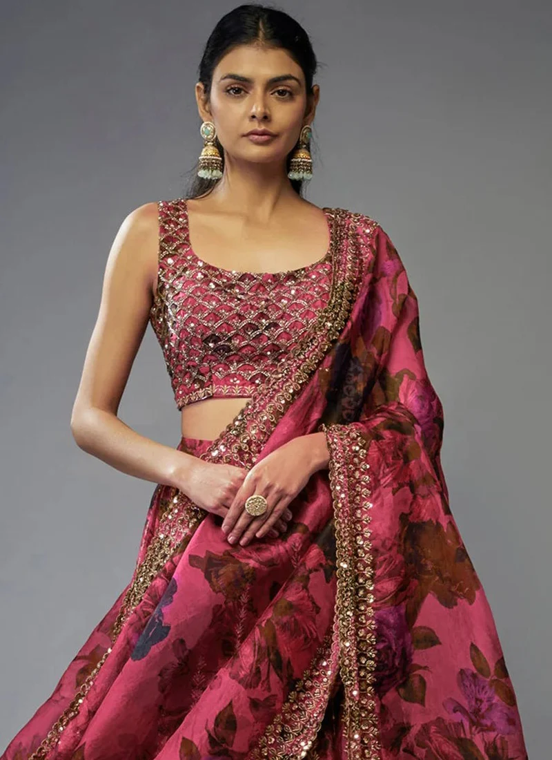 Zari Embroidered Floral Printed Pink Organza Lehenga Choli For Wedding - Image 4